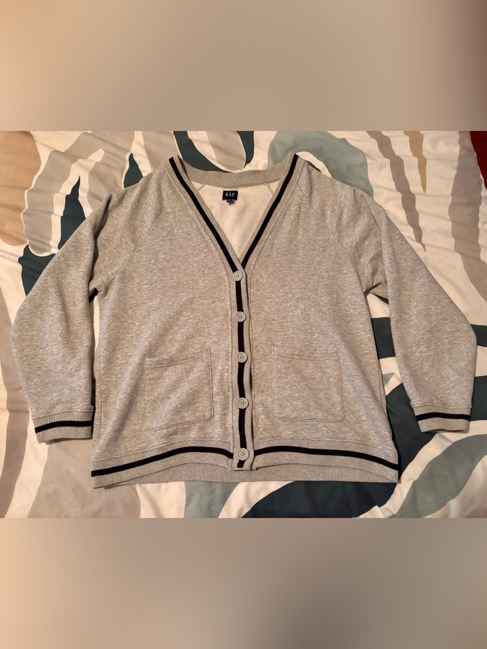 GAP Heather Gray Cardigan with Black Trim
